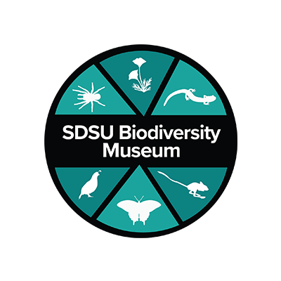 SDSU Biodeiversity Museum logo in teal circle with white silhouettes of insects, birds, and plants.